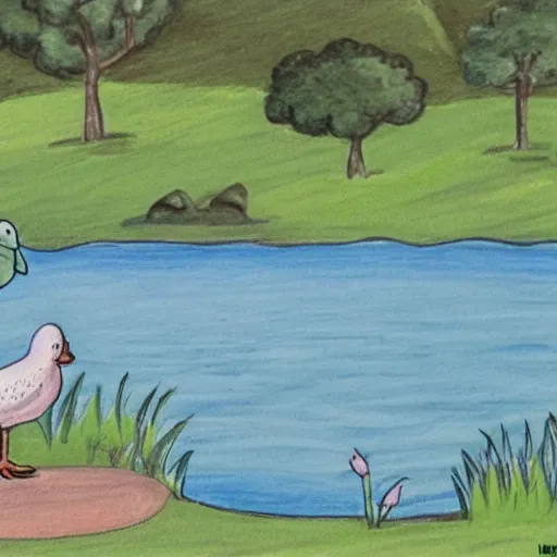 Prompt: un pato nadando en un lago, dibujo de cuento para ninos