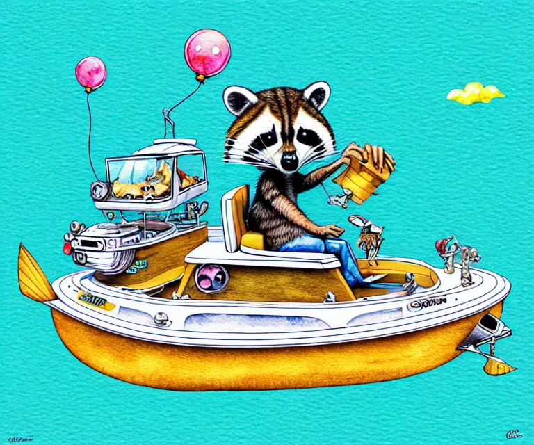 Image similar to cute and funny, racoon driving a tiny pontoon boat with party lights, ratfink style by ed roth, centered award winning watercolor pen illustration, isometric illustration by chihiro iwasaki, edited by craola, tiny details by artgerm and watercolor girl, symmetrically isometrically centered