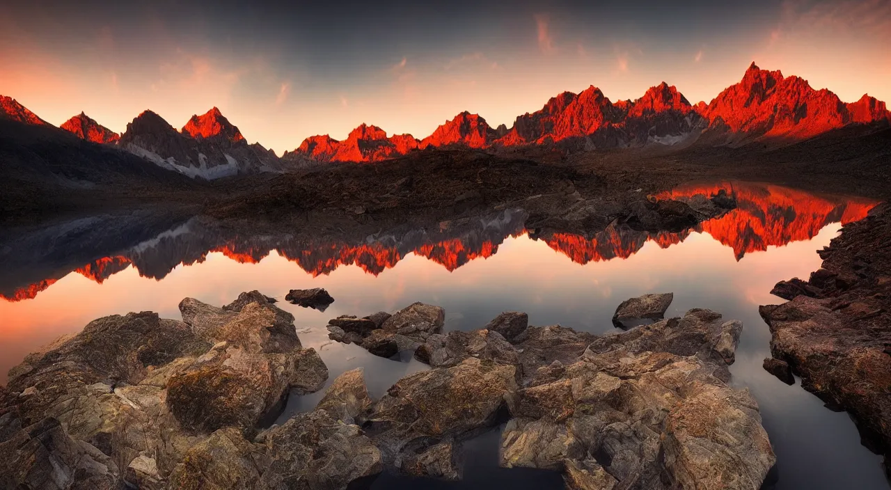 Image similar to amazing landscape photo of mountains with lake in sunset by marc adamus, beautiful dramatic lighting