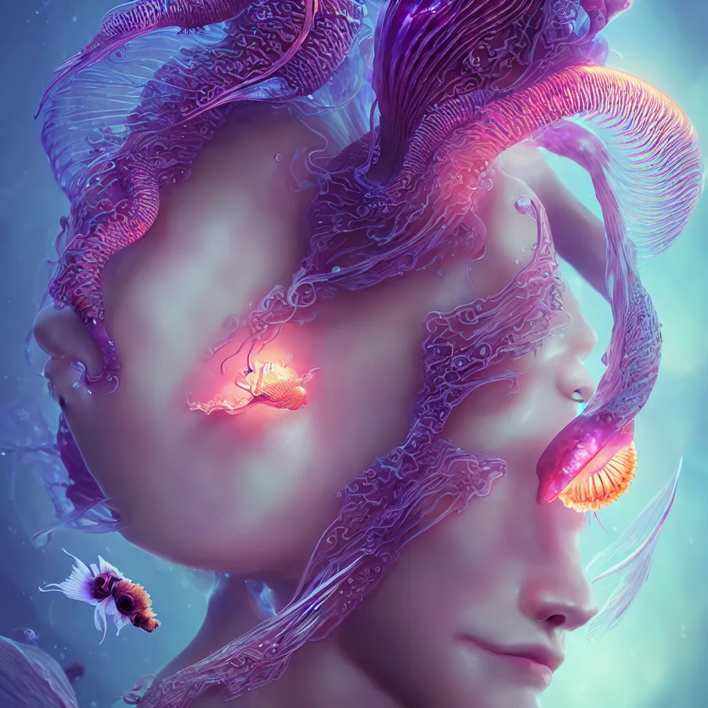 Image similar to goddess close-up portrait. orchid jellyfish phoenix head, nautilus, skull, betta fish, bioluminiscent creatures, intricate artwork by Tooth Wu and wlop and beeple. octane render, trending on artstation, greg rutkowski very coherent symmetrical artwork. cinematic, hyper realism, high detail, octane render, 8k