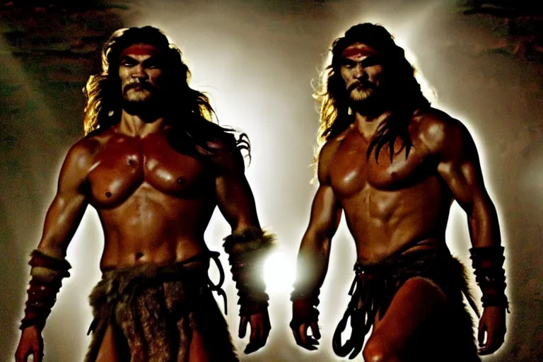 Image similar to film still from conan the barbarian, jason momoa as conan in the catacombs of evil, torch light, fantasy armor, volumetric lighting, wet skin and windblown hair, muscular!!!, battle action pose, ridley scott, high contrast