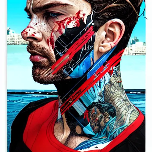 Prompt: a portrait of a man with side profile blood in ocean intricate details by MARVEL comics and Sandra Chevrier