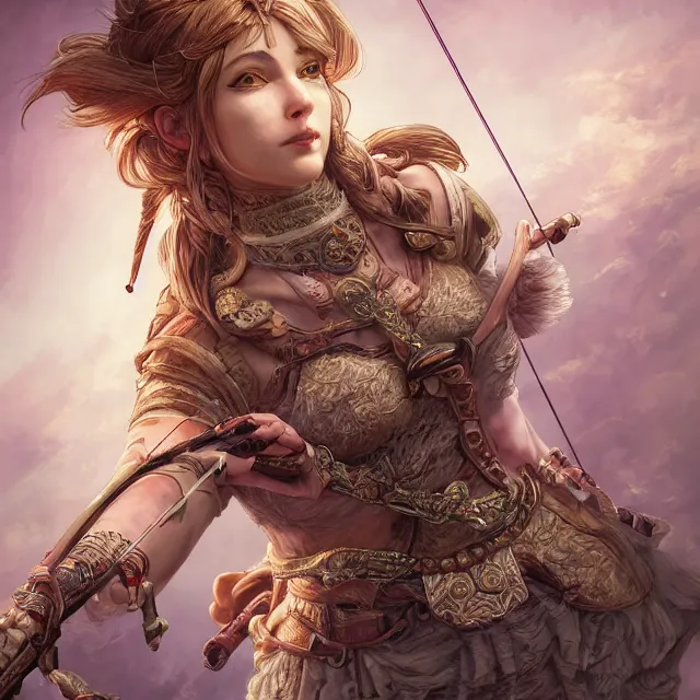 Prompt: the portrait of lawful neutral semi - colorful female archer huntress as absurdly beautiful, gorgeous, elegant, young woman, an ultrafine hyperdetailed illustration by kim jung gi, irakli nadar, intricate linework, bright colors, octopath traveler, final fantasy, unreal engine 5 highly rendered, global illumination, radiant light, detailed and intricate environment