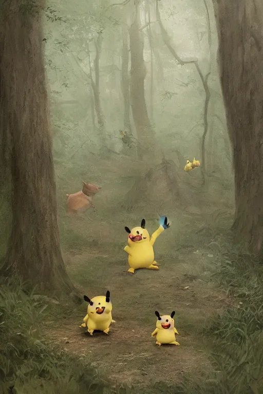 Image similar to A group of Pikachus in the forest, illustrated by Greg Rutkowski and Caspar David Friedrich., Trending on artstation, artstationHD, artstationHQ, 4k, 8k