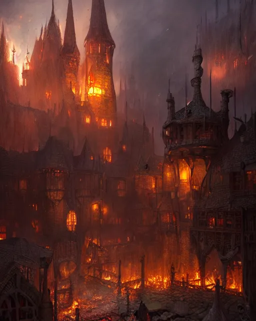 Image similar to robust fantasy castle courtyard burned to the ground, fiery ambient, uplifting mood, ultra realistic, sad, small buildings, highly detailed, epic lighting, illuminated, cinematic, morning, art by eddie mendoza