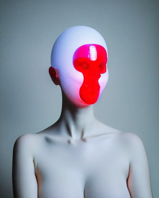 Prompt: portrait of a woman wearing a white translucent silicone mask and white red frizzy hair buns, wearing a silicone white bodysuit, white background, soft diffused light, biotechnology, kinetic sculpture, humanoide robot, translucent, intricate details, highly detailed, highly complex masterpiece