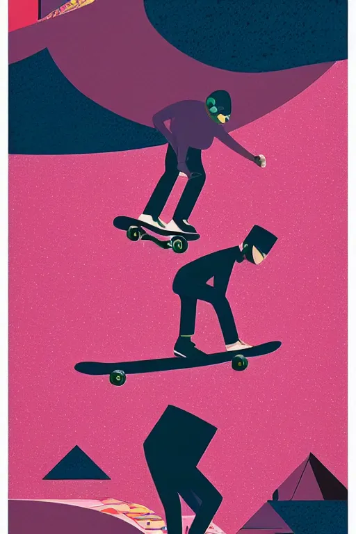 Prompt: a man riding a skateboard on top of a pink surface, poster art by victo ngai, ori toor, kilian eng behance contest winner, crystal cubism, poster art, cubism, tarot card, psychedelic art, concert poster, poster art, maximalist