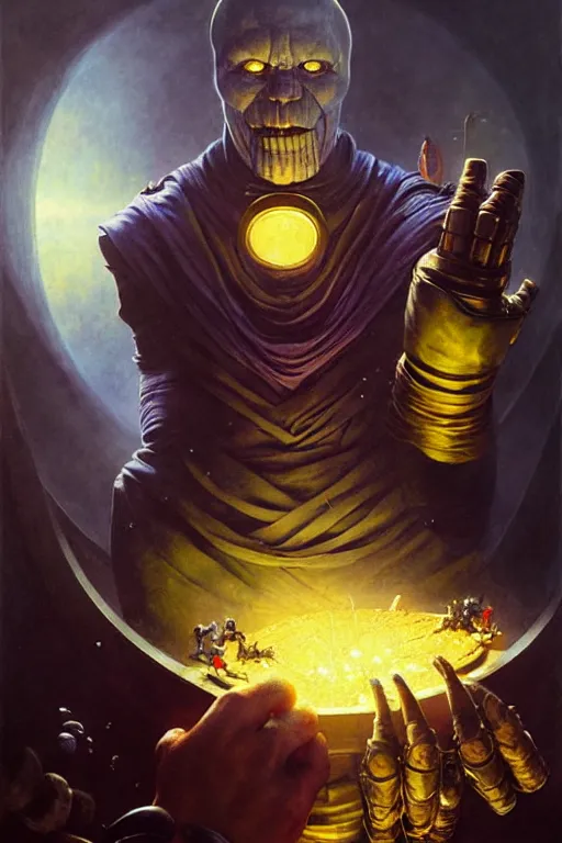 Image similar to hieronymus bosch, greg rutkowski, anna podedworna, painting of thanos eating the infinity gauntlet