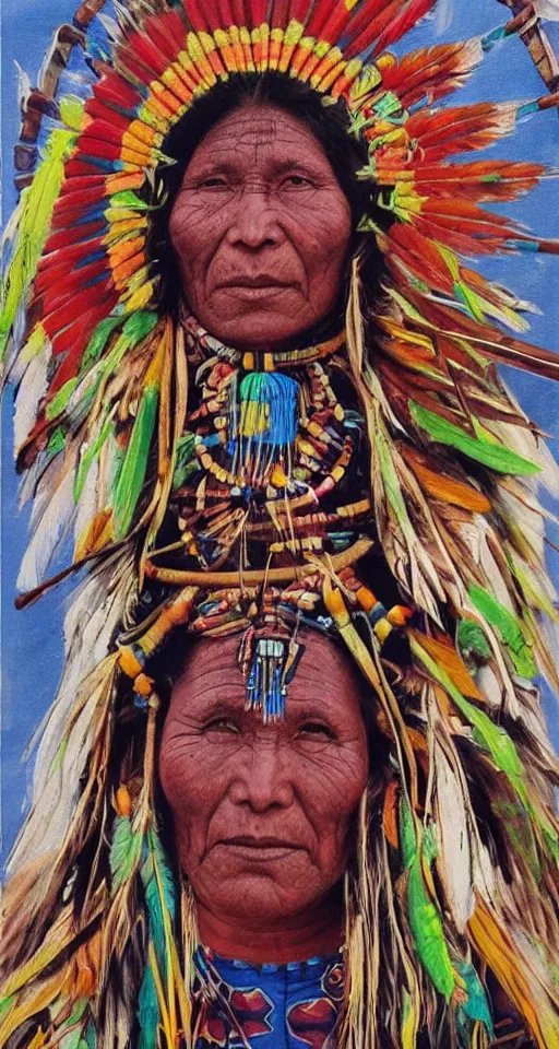 Prompt: a beautiful realistic painting of an indigenous shipibo shaman, vibrant colors, full body