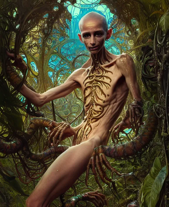 Image similar to intricate ornate opulent transparent clear see - through portrait of a terrifying beautiful skinny male alien centipede, mottled coloring, adorable, childlike, overgrown jungle environment, ultra realistic, concept art, art nouveau, photorealistic, octane render, 8 k, unreal engine. art by christopher marley and artgerm and greg rutkowski and alphonse mucha