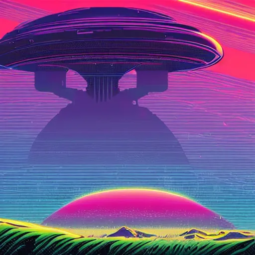 Prompt: gigantic alien mothership above a beautiful synthwave landscape, artwork by dan mumford and craig bruyn