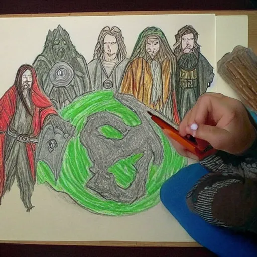 Prompt: Lord of the rings drawn with crayons by a 5 year old