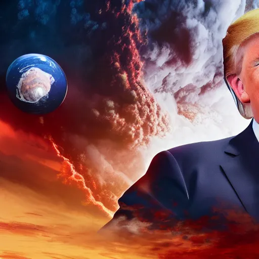 Image similar to trump sitting on a atom bomb falling into a hurricane, trending on artstation, photorealistic, high resolution, octane, unreal engine, digital,