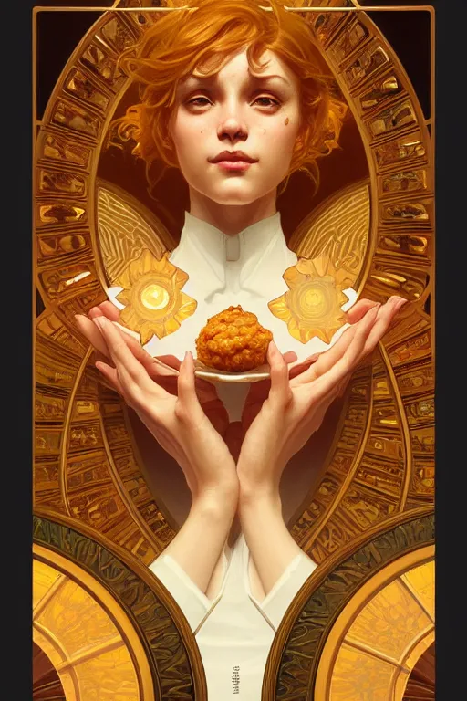 Image similar to symmetry!! nugget food!!, intricate, elegant, highly detailed, digital painting, artstation, concept art, smooth, sharp focus, illustration, art by artgerm and greg rutkowski and alphonse mucha, 8 k