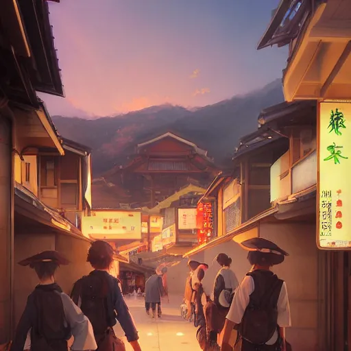 Image similar to walking around ozu city and shimonad station, ehime, japan. volumetric lighting, hot summer evening, golden hour, realistic illustration, perfectly shaded, soft painting, art by krenz cushart and wenjun lin