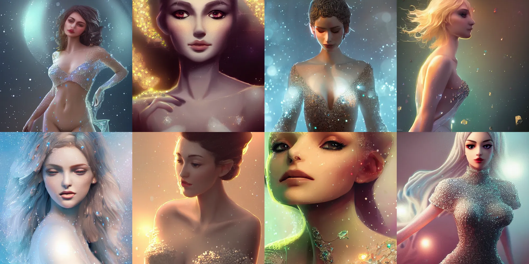 Prompt: a 12x(very) much detailed digital image of an elegant figure surrounded tiny crystals, matte background, artstation, a 12x(very) much detailed woman, stunning volumetric lighting, elegant, fantasy, 4k,