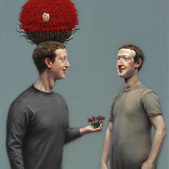 Prompt: mark zuckerberg holding a flower by hr giger and Zdzisław Beksiński, trending on artstation, realistic, detailed, concept art, horror, illustration, oil painting