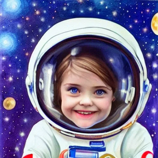 Image similar to a cute little girl with a round cherubic face, blue eyes, and short wavy light brown hair smiles as she floats in space with stars all around her. she is an astronaut, wearing a space suit. beautiful painting with highly detailed face by artgerm and quentin blake