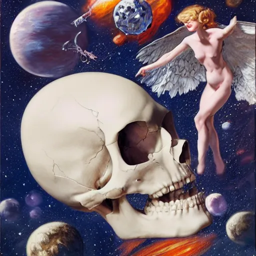 Prompt: Elle Fanning holding a skull in space, artstation, by J. C. Leyendecker and Peter Paul Rubens, Extremely detailed. 4K. Award winning.