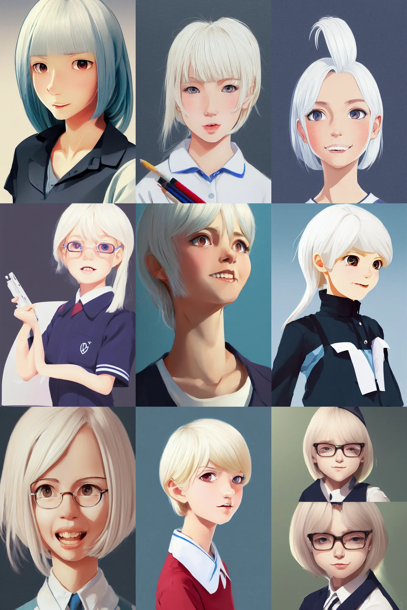 Image similar to a headshot of a very happy cute girl with shoulder - length white hair wearing school uniform, sharp focus, illustration, morandi color scheme, art station, high detailed, by ilya kuvshinov