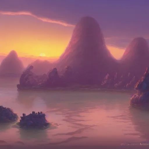 Image similar to beautiful matte digital fantasy concept art of the shore of the island of monuments and statues, with a spectacular sunset, from the studio ghibli movie island monuments, by andreas rocha, pastel color palette, trending on artstation hq, 8 k