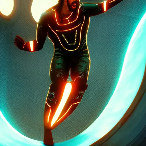 Image similar to tron legacy jesus riding waterslide, face closeup, laughing, diffuse lighting, hyper realistic, concept art, intricate, hyper detailed, smooth, sharp focus, illustration, trending on artstation, art by greg rutkowski and james gurney and alphonse mucha