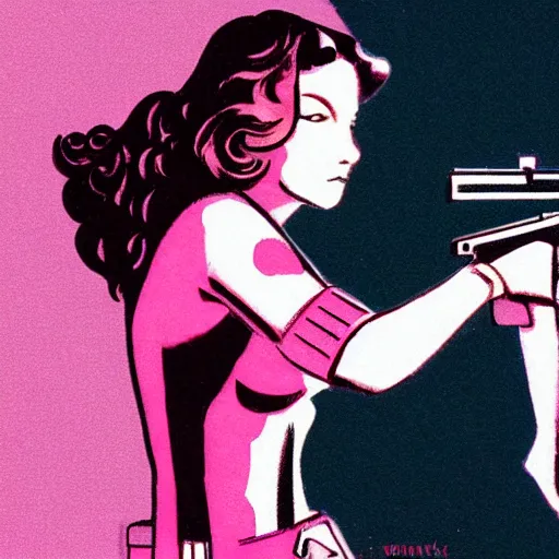 Image similar to A pink sci-fi woman with a gun.