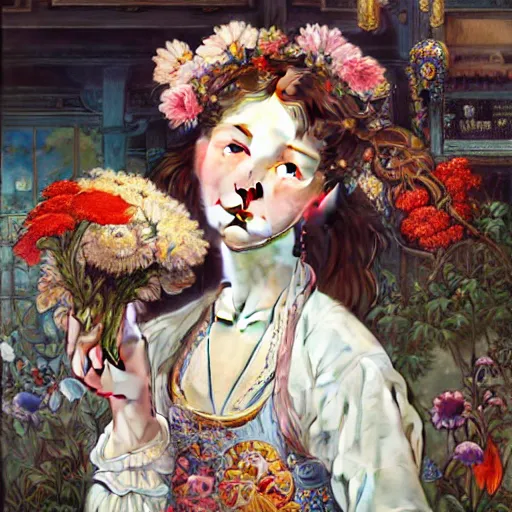 Image similar to a masterpiece ultrarealistic ultradetailed portrait of beautiful love fishmonger girl on street market baroque renaissance. medium shot, intricate, elegant, by stanley artgerm lau, wlop, alphonse mucha, rossdraws, andrei riabovitchev, yoshitaka amano. flower background my james jeand and takashi murakami.