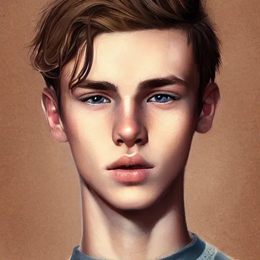 Image similar to teenage boy with brown blond short quiff hair and thin slightly round facial structure with cleft chin, bumpy nose, good definition of cheekbones, hazel nut brown eyes, narrow face, slim body, atmospheric lighting, painted, intricate, 4k, highly detailed by Charlie Bowater