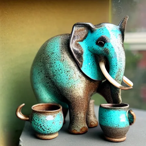 Prompt: raku elephant tea set on a window sill in evening, horse hair, raku metallic, turquoise, mottled, crackle, spot lit, deep color, translucent, bioluminescent