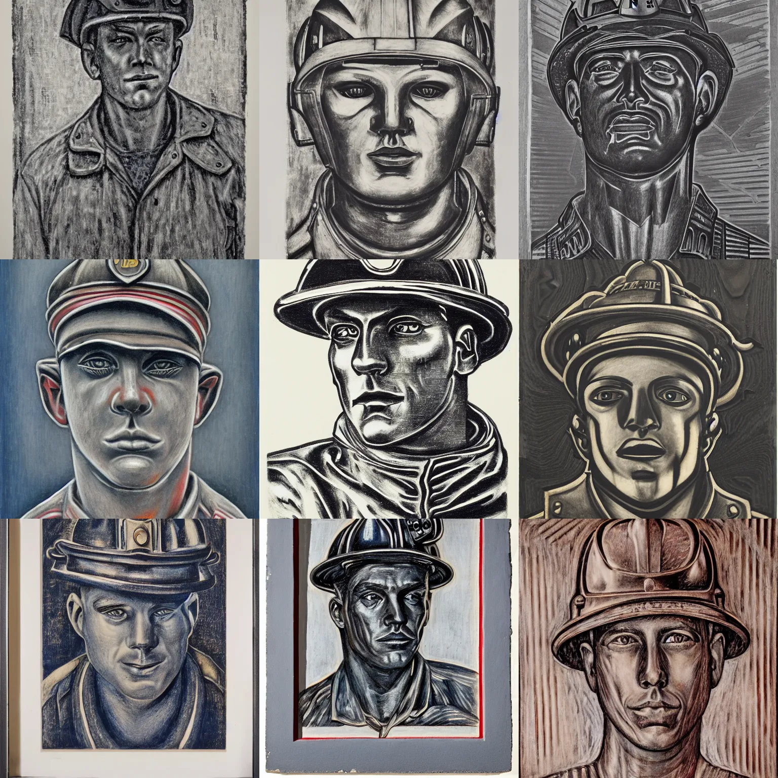 Prompt: portrait of fireman ( 1 9 2 2 ), american realist, brutalist, art deco, woodcut, art nouveau, pyrrol scarlet, titanium white, prussian blue, stathmore 2 0 0, 3 5 mm, f 1. 4, grisaille, luminous