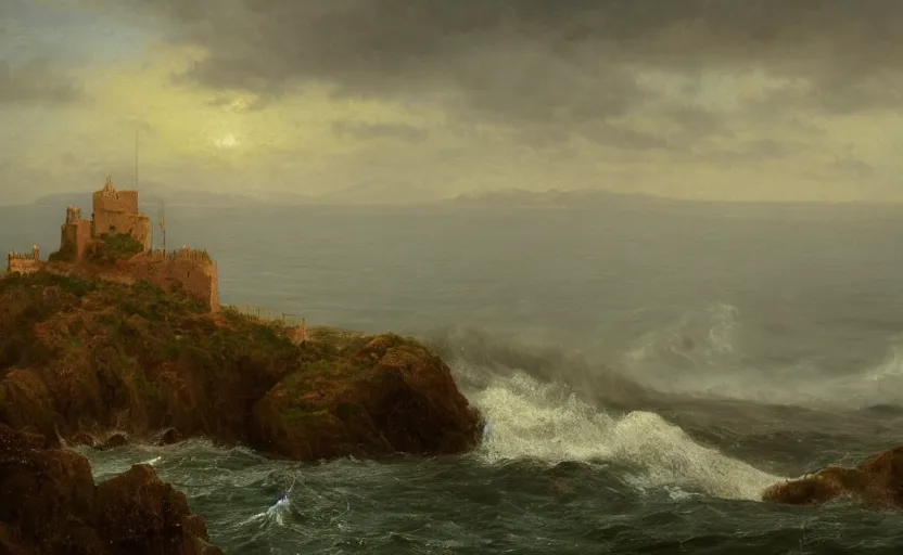 Image similar to view of the ocean, large waves, small castle in the distance, close up shot, rocky, at dusk, distant mountains, 4k, rule of thirds, extreme detail, hazy, intricate ink illustration, surreal, surrealist, trending on artstation, cgsociety, hd, calm, complimentary colours, realistic lighting, by Albert Bierstadt, Frederic Edwin Church.