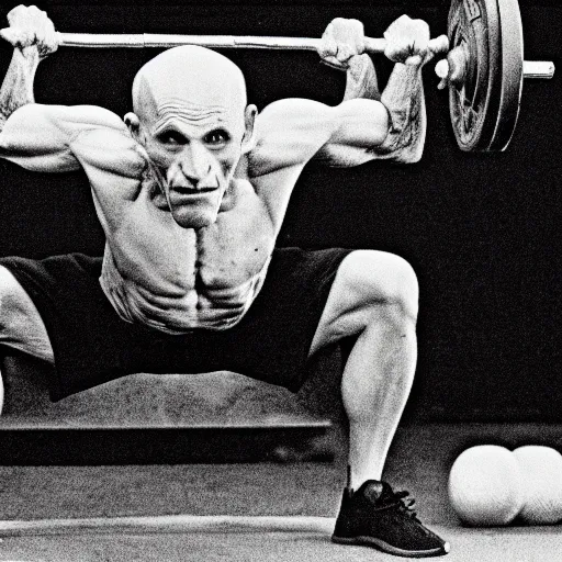 Prompt: portrait of nosferatu doing weightlifting, sport photography