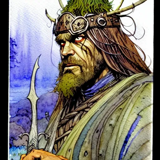 Prompt: a realistic and atmospheric watercolour fantasy character concept art portrait of urho kekkonen as a druidic warrior wizard looking at the camera with an intelligent gaze by rebecca guay, michael kaluta, charles vess and jean moebius giraud