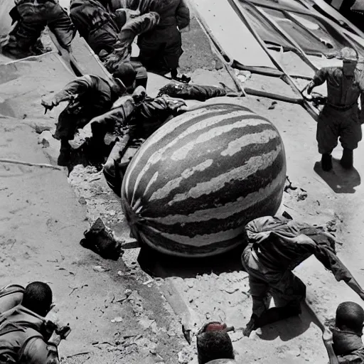 Image similar to The giant watermelon was finally stopped when it ran into a building that was too strong for it to destroy. It was cornered and had nowhere to go. The military was able to contain it and eventually destroy it. Cinematic