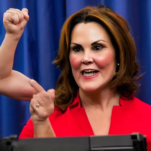 Prompt: gretchen whitmer with a red gag ball in a mug shot