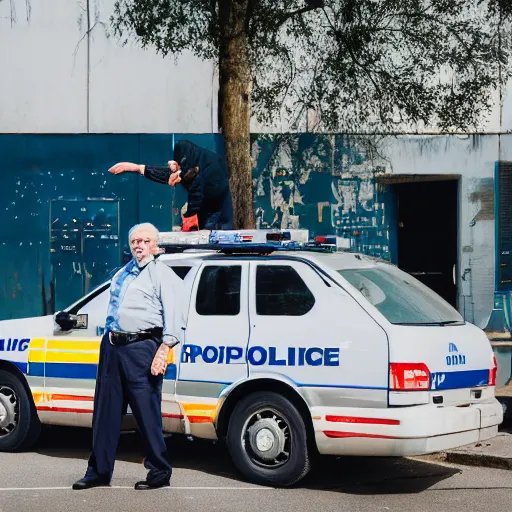 Image similar to an elderly man standing on the roof of a police car, canon eos r 3, f / 1. 4, iso 2 0 0, 1 / 1 6 0 s, 8 k, raw, unedited, symmetrical balance, wide angle