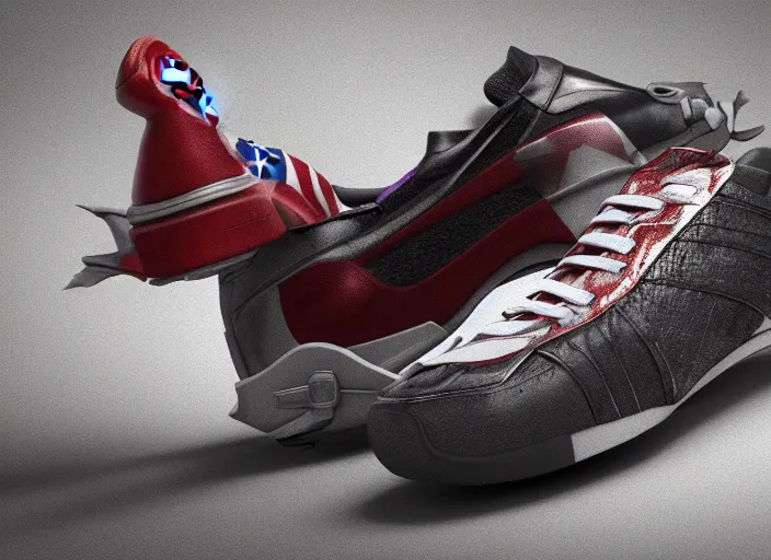 Image similar to sneakers of captain america by tim burton, view from the side, render, cinema 4 d, octane render