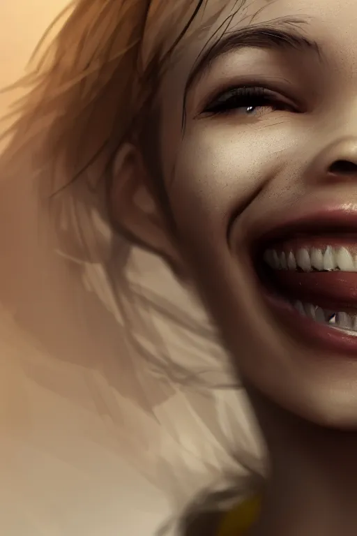 Image similar to a beautiful close up of a person's face with a big smile while they're doing something they love. hq. trending on artstation