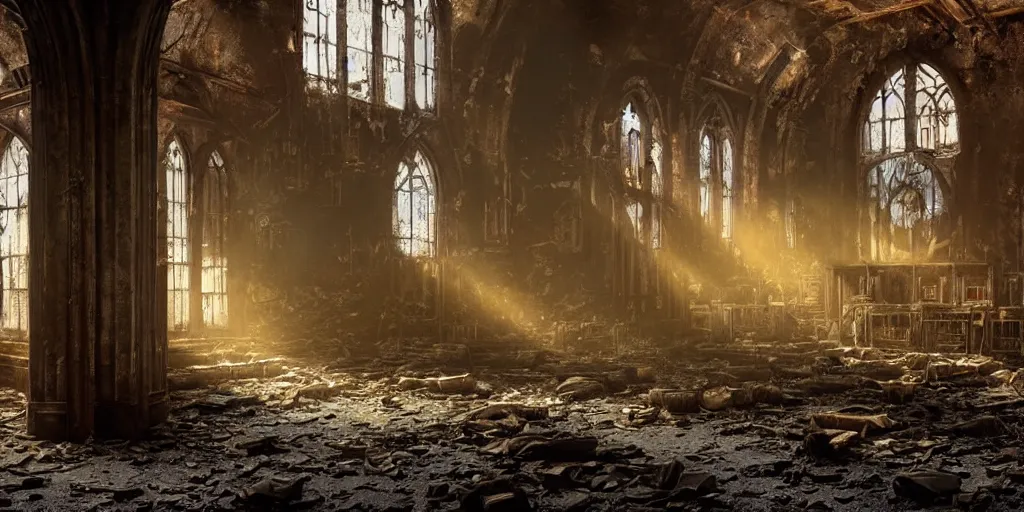 Image similar to fallout 5, indoors dilapidated partially ruined church interior, rusted machinery, atmospheric lighting, painted, intricate, volumetric lighting, beautiful, daytime, sunny weather, slight overcast, golden hour, sharp focus, deep colours, ultra detailed, by leesha hannigan, ross tran, thierry doizon, kai carpenter, ignacio fernandez rios