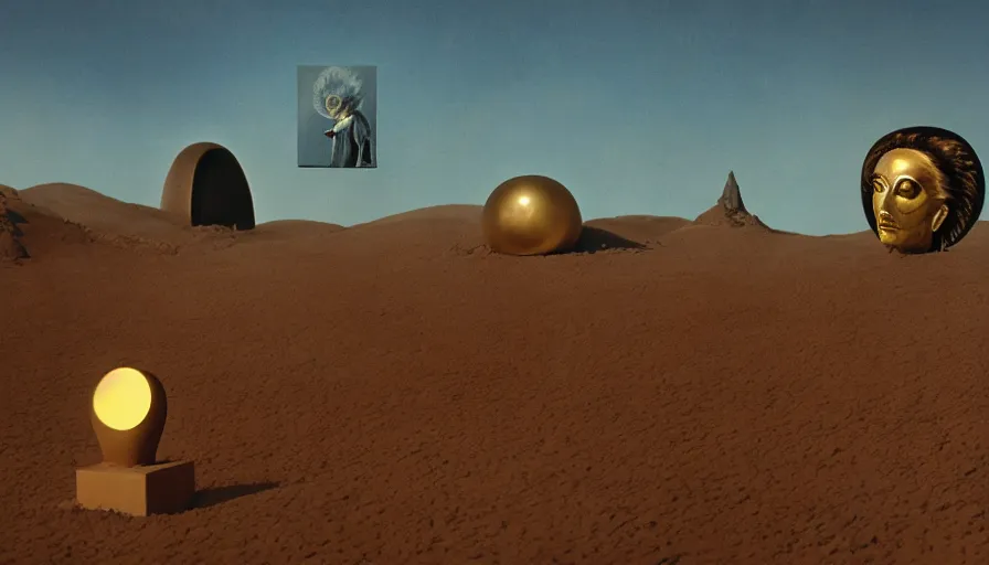 Image similar to glowing bene gesserit in full - face golden glowing mask meet salvador dali in a black rocky desert landscape with alienabandoned city beneath the sand and giant alien spaceship in the sky attacks the earth by christopher doyle and alejandro jodorowsky, anamorphic lens, kodakchrome, cinematic composition, very detailed photo, 8 k,