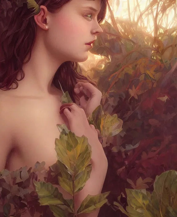 Image similar to teen girl in dress made of leaf, realistic portrait, highly detailed, digital painting, artstation, concept art, smooth, sharp focus, illustration, cinematic lighting, art by artgerm and greg rutkowski and alphonse mucha and boris vallejo and frank frazetta