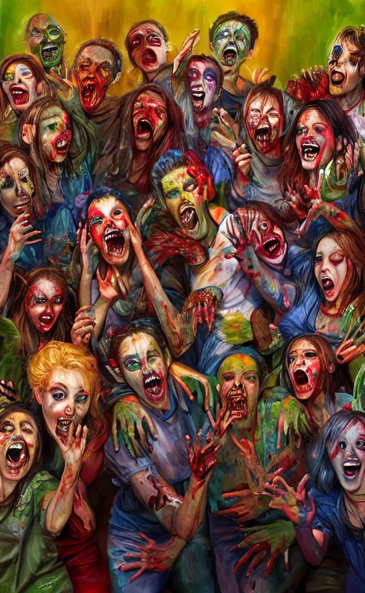Prompt: beautiful detailed photorealistic painting of a group of friends dressed as zombies, singing karaoke. vibrant, high quality, vibrant colors, very funny, beautiful, hq. hd. 4 k. award winning. trending on artstation