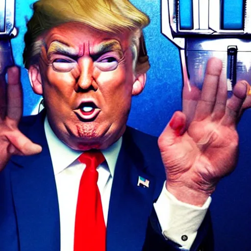 Image similar to donal trump being a super saiyajin blue god