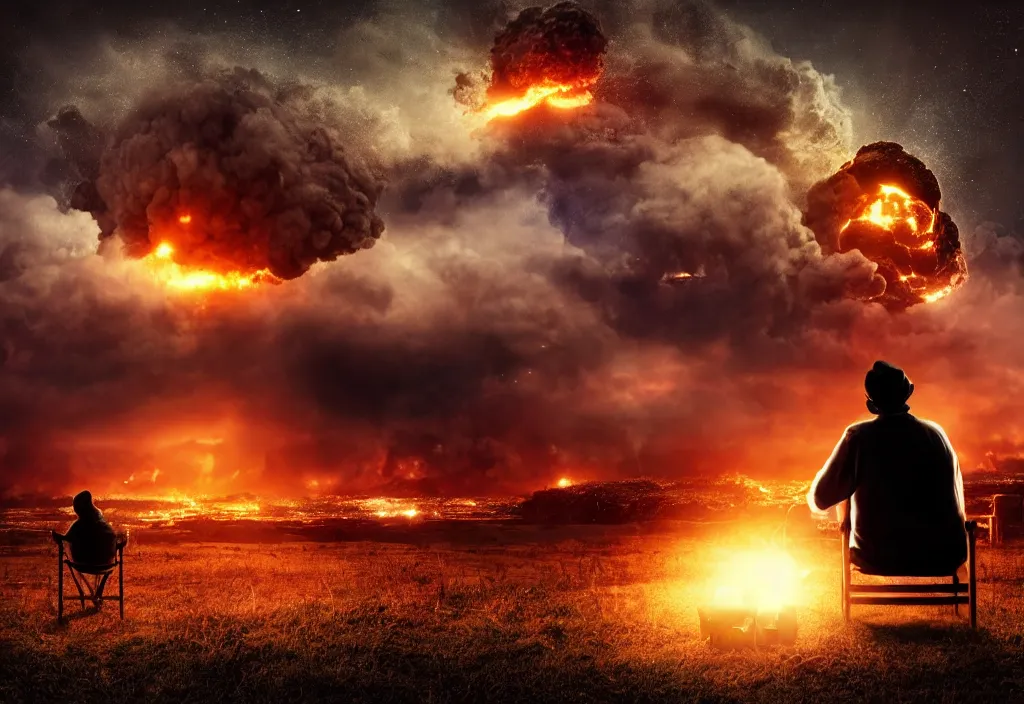 Image similar to cinematic movie close up shot from behind, background blur bokeh, old man sitting with black cat watching nuke explosion close up shot from behind, world ending nuke, 4 k