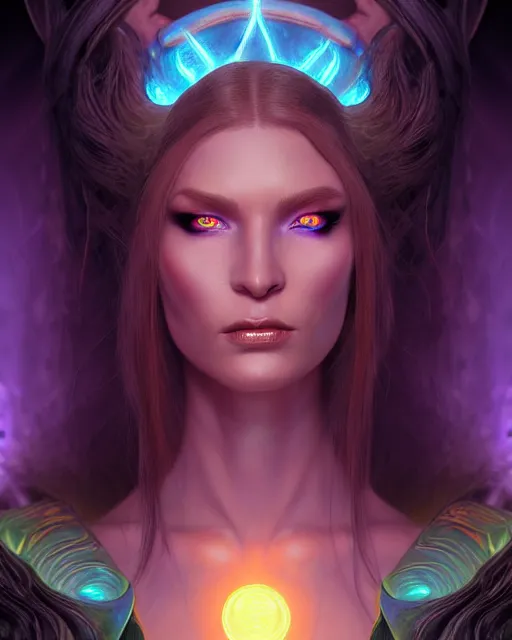 Image similar to epic fantasy render portrait of a beautiful bioluminescent woman with glowing eyes, dark retrowave, highly detailed, digital painting, cinematic, hyperrealism, rpg portrait, dynamic lighting, art by boris vallejo and julie bell and magali villeneuve and alphonse mucha, artstation, octane render, cgsociety