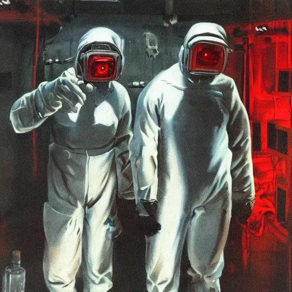 Prompt: two scientists wearing red cyberpunk hazmat suits inside neon missile silo by frank frazetta