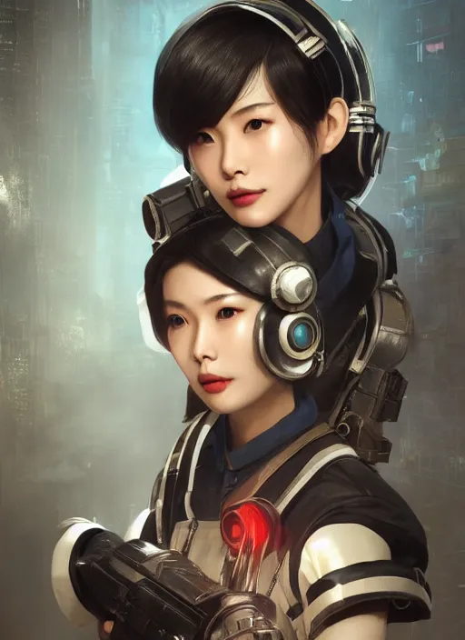 Image similar to portrait of angelababy, futuristic hong kong police uniform girl bioshock, au naturel, hyper detailed, digital art, trending in artstation, cinematic lighting, studio quality, smooth render, unreal engine 5 rendered, octane rendered, art style by klimt and nixeu and ian sprigger and wlop and krenz cushart