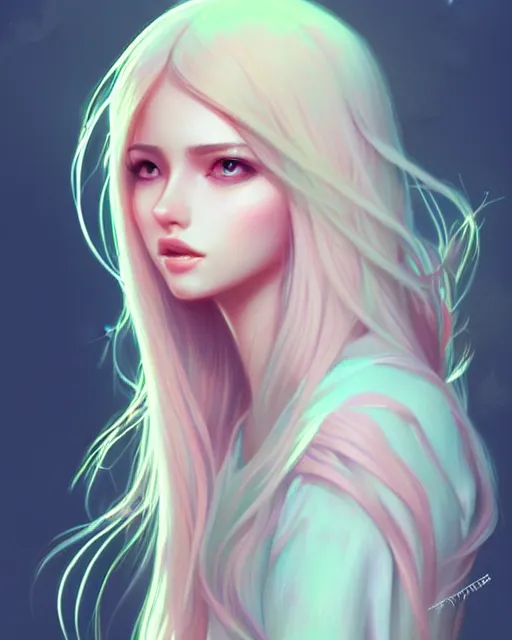 Image similar to soft pretty female long pastel color hair, wearing gorgeous clothing, digital character illustration, artstation trending female illustration, intricate, sharp focus, hyper detailed, digital painting, matte, character art by prywinko art, pyromallis rene maritte, masterpiece