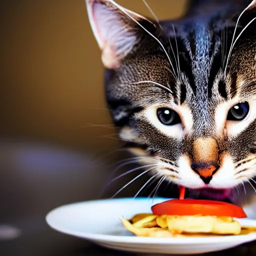 Image similar to realistic photo of a cute cat eating a burger